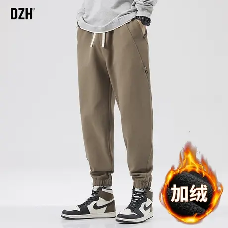男生卡其色加绒卫裤男冬季束脚高街宽松休闲裤子2024新款运动男裤图片