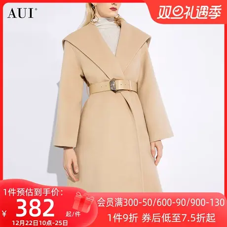 AUI欧货中长款修身黄色毛呢外套女2023冬季新款高端收腰呢子大衣图片
