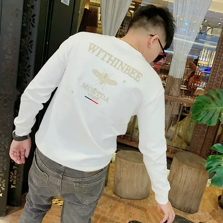 打底衫潮男嘻哈修身网红潮牌刺绣百搭卫衣社会小伙潮流ins长袖t恤商品大图