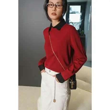 2023冬季新款高品质气质百搭衬衣领长袖套头宽松假两件羊毛针织衫商品大图