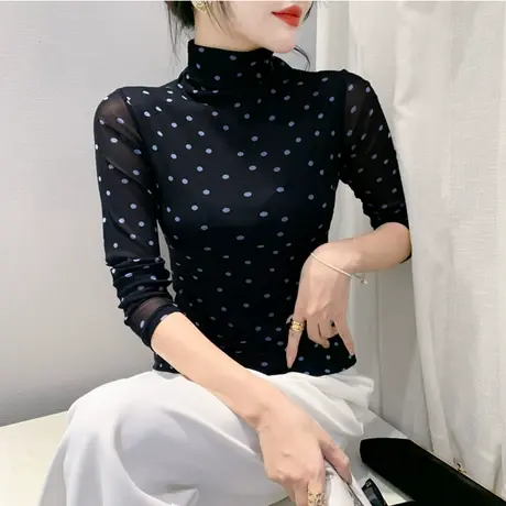 春装2024新款上衣时尚修身波点印花性感网纱半高领长袖内塔T恤女商品大图