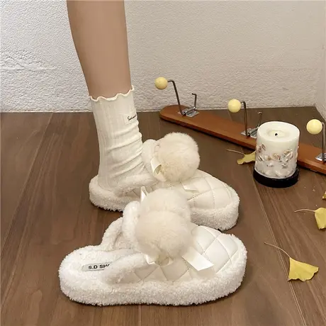 棉拖鞋女外穿2024年新款秋冬季蝴蝶结厚底加绒毛毛懒人包头半拖鞋图片