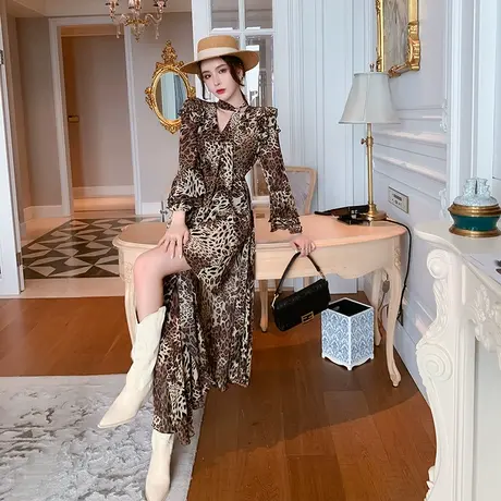 宴会日常小礼服裙平时可穿长款高级质感轻奢气质名媛豹纹连衣裙商品大图