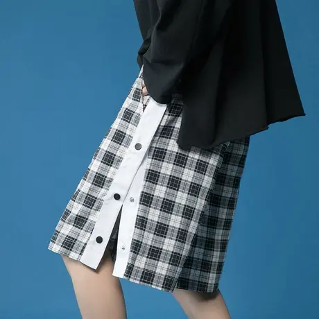 休闲短裤男夏季潮流百搭宽松大码排扣裤韩版潮牌格子外穿五分裤子商品大图