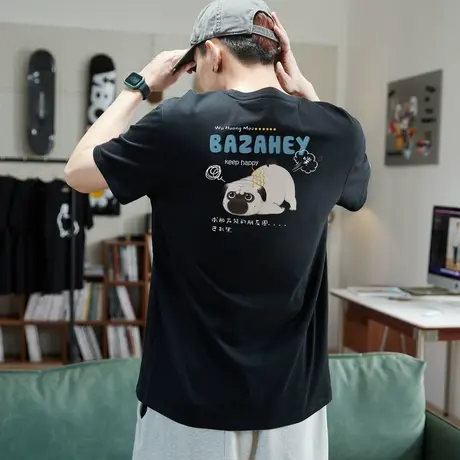[吾皇猫联名]唐狮2023年夏季新款纯棉短袖t恤男潮牌印花宽松上衣商品大图