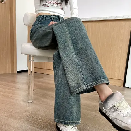 窄版阔腿牛仔裤女2024春秋新款高腰显瘦宽松复古垂感直筒拖地裤子商品大图