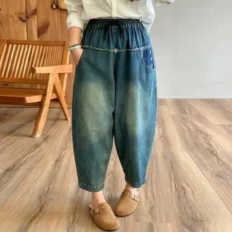 dza 高腰显瘦纯色拼接阔腿牛仔裤子女春宽松九分休闲裤百搭哈伦裤图片