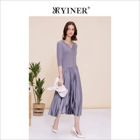 YINER音儿春季女装法式优雅时尚复古V领针织拼接百褶连衣裙商品大图