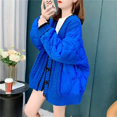 克莱因蓝拼接毛衣外套女2023新款秋装宽松慵懒风加厚针织开衫上衣商品大图