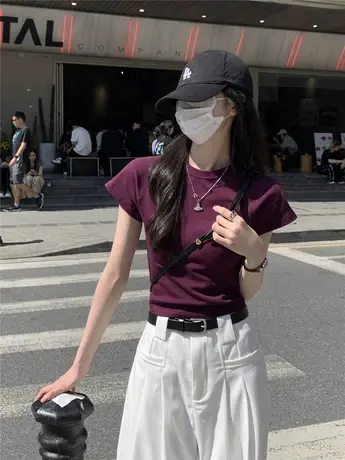 紫色修身短袖正肩t恤女2024新款夏季设计感小众辣妹短款显瘦上衣商品大图