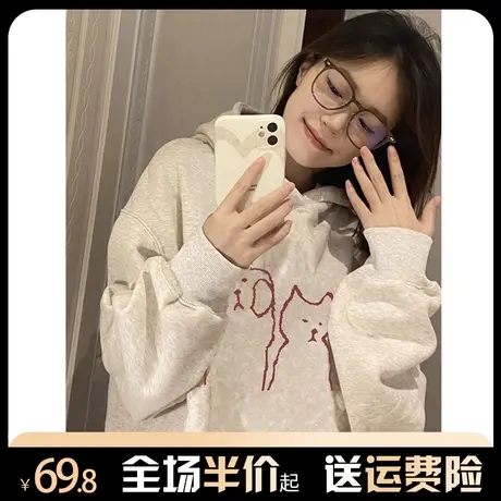 2024新款秋冬美式复古卫衣外套女加绒加厚连帽宽松vintage上衣服商品大图