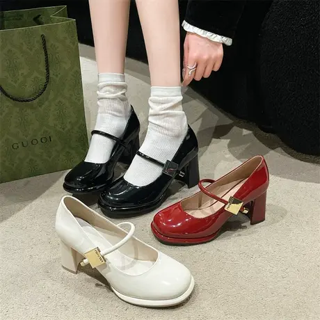 玛丽珍鞋女2024春夏季新款配裙子百搭浅口单鞋法式粗跟高跟小皮鞋商品大图