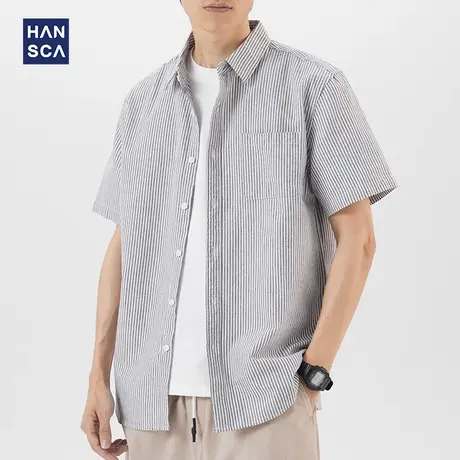 汉斯卡短袖衬衫男夏季纯棉条纹青少年高级感宽松休闲痞帅寸衫外套商品大图
