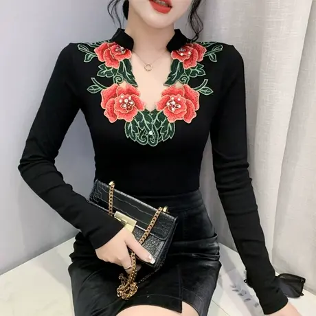 欧货镂空V领新款民族风女装重工刺绣T恤女长袖设计感洋气烫钻上衣商品大图