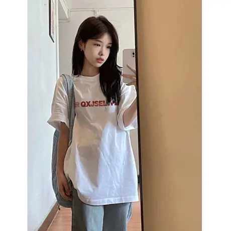 纯棉正肩短袖t恤女2024夏季宽松韩系慵懒风半袖设计感小众上衣服商品大图