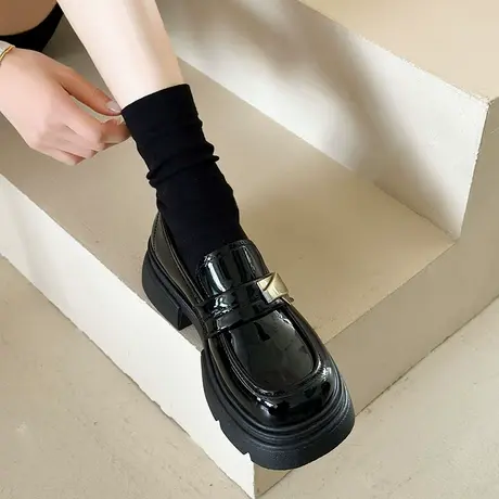 英伦风小皮鞋女厚底小个子乐福鞋2024新款春秋爆款通勤一脚蹬单鞋商品大图