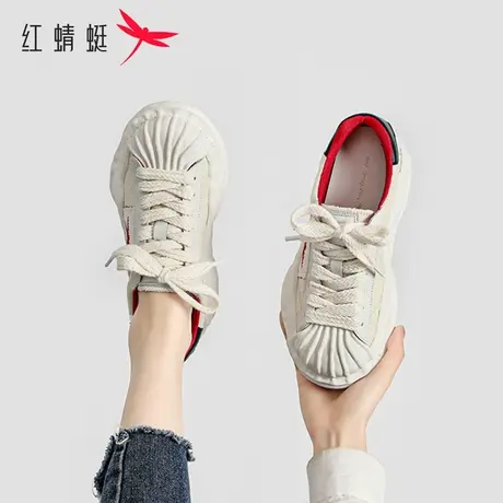 红蜻蜓厚底贝壳头溶解鞋女2023年夏季新款帆布鞋女透气小白鞋女鞋商品大图