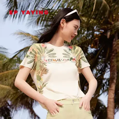 EP雅莹女装 圆领宽松印花短袖正肩T恤 2023夏装新款5315A图片