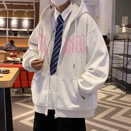 连帽加绒卫衣男ins潮牌开衫秋冬季外套美式复古夹克oversize上衣商品大图