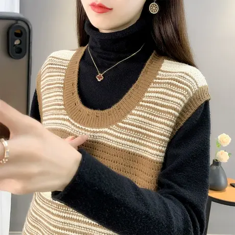 针织马甲女韩版秋季2023新款女装条纹洋气内搭配推荐针织马夹上衣商品大图