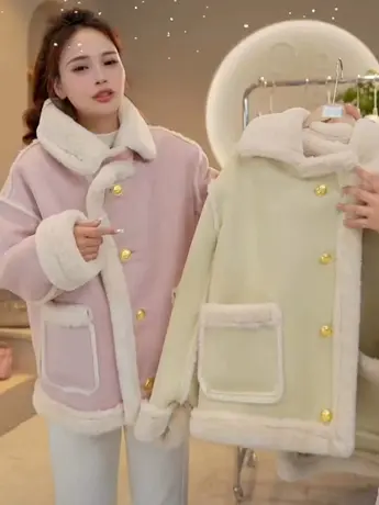 粉色羊羔绒外套女短款冬季爆款韩系宽松机车服小香风小个子棉服图片