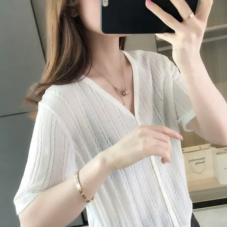新款春秋季复古短袖针织衫女士外穿薄款冰丝夏季V领上衣短款商品大图