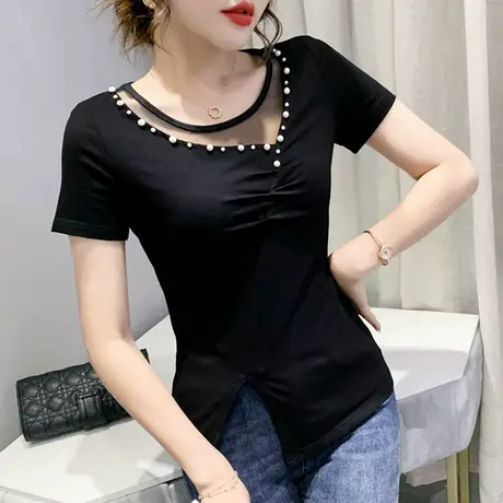 手工钉珠T恤女短袖夏不规则开叉上衣洋气修身小衫网纱拼接丅恤潮商品大图