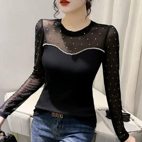 欧货网纱拼接打底衫女长袖时尚洋气烫钻上衣性感镂空T恤长袖秋装商品大图