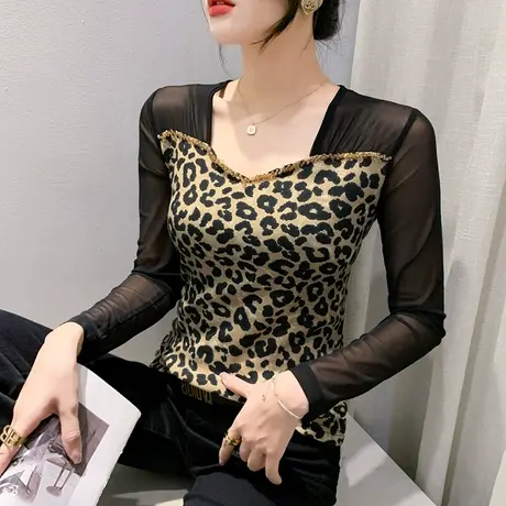 性感豹纹长袖T恤女士秋装2023新款网纱拼接上衣洋气钉珠打底衫潮商品大图