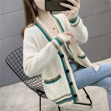 针织衫春款新款女毛衣外套女开衫拼色宽松长袖外穿洋气百搭外搭女图片