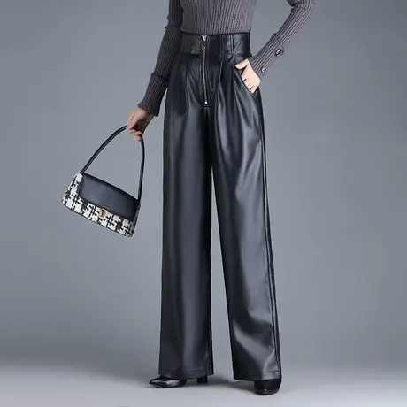 PU皮裤女秋季2023新款复古高腰阔腿裤宽松垂感通勤长裤直筒休闲裤图片