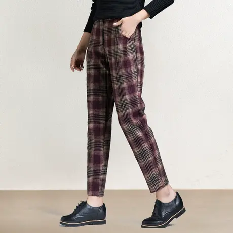 毛呢格子裤女秋冬女裤加厚哈伦裤2023新款羊毛裤子女冬萝卜裤冬季图片