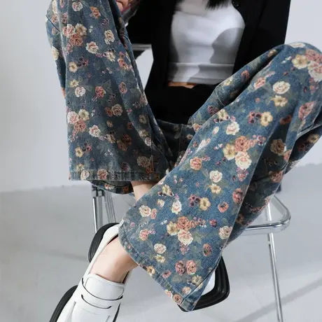 印花碎花裤子女春秋2023新款潮流小众直筒裤女士牛仔裤高腰阔腿裤商品大图