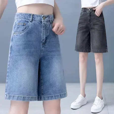 a字牛仔短裤女2023年夏季薄款新款显瘦阔腿裤外穿高腰直筒五分裤商品大图