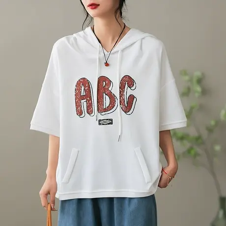 dza文艺全棉连帽t恤女士2023春夏新款宽松短袖体恤休闲打底衫上衣商品大图