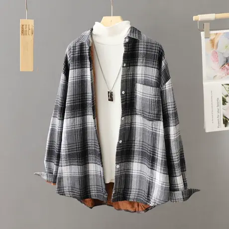 秋冬加绒衬衫式外套女2023年新款休闲宽松外穿格子宽松衬衣外套潮商品大图