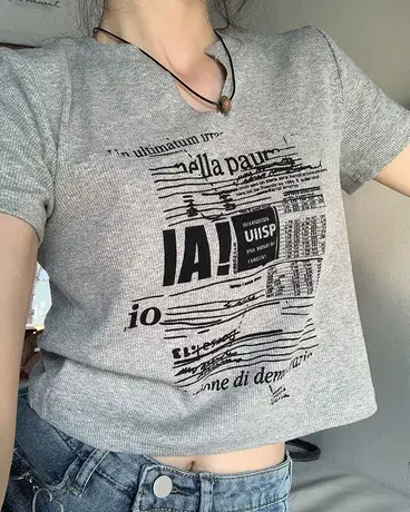 美式纯欲辣妹甜酷风短款正肩短袖t恤女修身潮ins夏季港味可爱印花商品大图