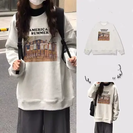 美式复古hiphop潮牌卫衣女2023春秋薄款宽松设计感小众慵懒风外套商品大图