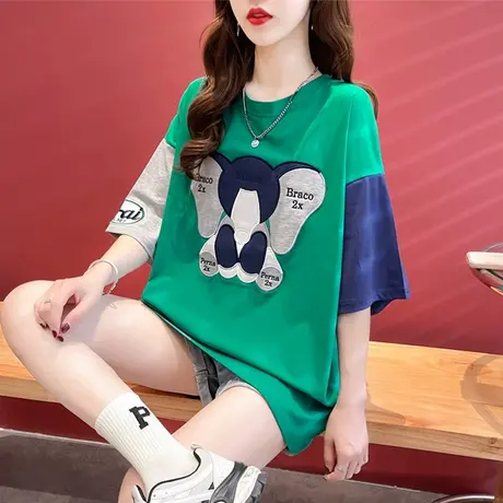 设计感小众短袖t恤女夏韩版宽松大码女装ins百搭拼色刺绣上衣服潮图片