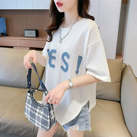 小众设计感短袖t恤女2023新款夏季韩版宽松大码不规则开叉上衣服商品大图