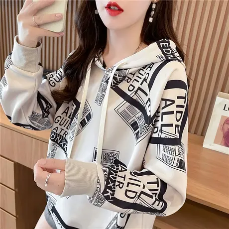 早秋小个子连帽卫衣女春秋季韩版宽松薄款设计感小众涂鸦百搭外套图片