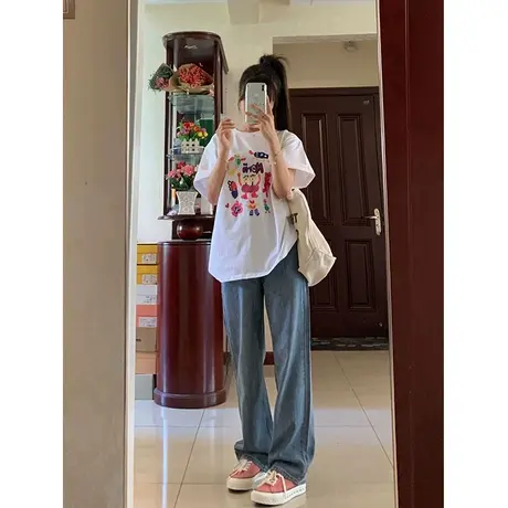 纯棉设计感涂鸦印花短袖t恤女ins潮牌夏季宽松小众半袖减龄上衣服商品大图