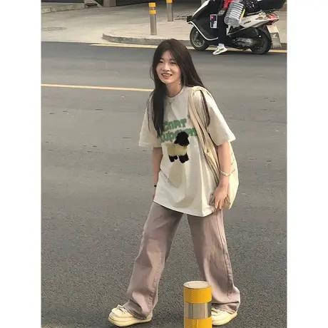 纯棉重磅设计感短袖t恤女夏季潮牌美式复古宽松半袖oversize上衣商品大图