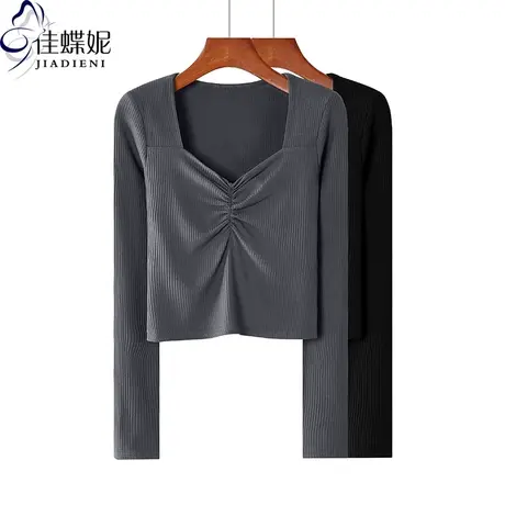 早春新款韩版方领褶皱修身短款纯棉坑条纹长袖体恤上衣女打底衫图片