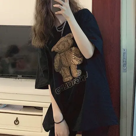 美式小熊t恤女街头风大码oversize宽松纯棉短袖ins潮复古上衣夏季图片