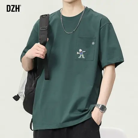 男生墨绿色短袖男宽松潮牌潮流男装2023新款圆领t恤美式半袖体恤商品大图