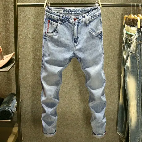 高端潮牌牛仔裤男修身微弹小直筒浅蓝色帅气百搭双边赤耳丹宁男裤商品大图