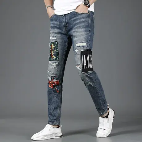 美式高街破洞牛仔裤男2023新款夏季薄款修身小脚潮牌时尚补丁裤子商品大图