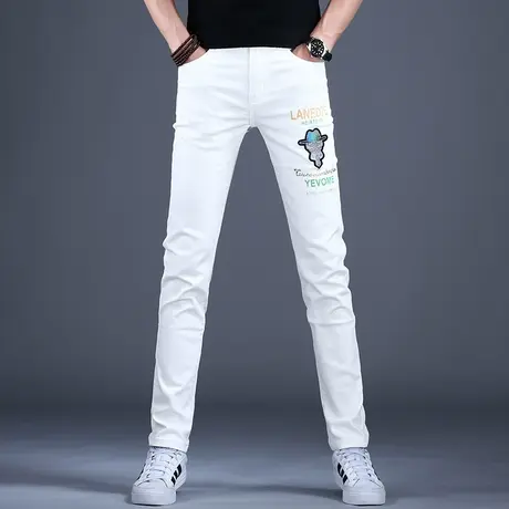 刺绣印花白色牛仔裤男春秋男款2023新款休闲裤子修身小脚品牌高端商品大图