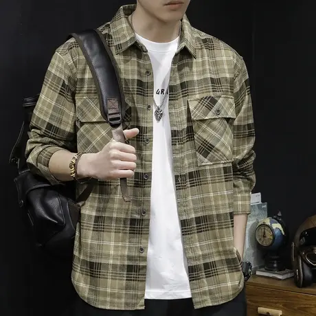 格子衬衫男高级感秋季2023新款宽松休闲男士衬衣长袖春秋外套日系图片